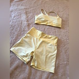 EUC Ellie yellow and white sports bra and biker short set size large